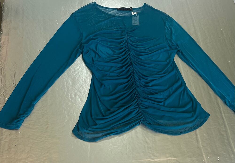 Fashion to Figure Mesh Top Size 2 Teal Sheer Ruched Long Sleeve Stretch NWT